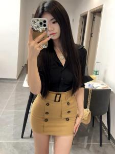 K-Drama Inspired Professional Womens Fashion Cotton Shirt And Mini Skirt Two-Piece Set Long Sleeve POLO Collar Button Closure
