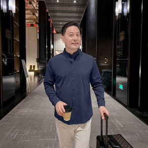 Loose Casual Long Sleeve Denim Shirt for Men Middle-Aged Stand Collar Comfortable Standard Fit Business Gentleman Style Autumn New Arrival