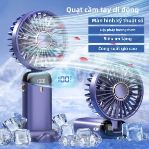 Quạt Mini Cầm Tay USB Có Thể Sạc Lại Có Giá Đỡ Điện Thoại Treo Cổ Di Động Có Thể Gập Lại 5 Tốc Độ Có Thể Điều Chỉnh Màn Hình Hiển Thị Gió Tự Nhiên