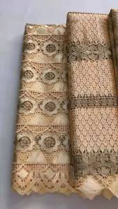 Champagne African Guipure Cord Lace Fabric with Rhinestones Embroidered Nigerian Mesh Lace For Wedding Party Dress 5 Yards