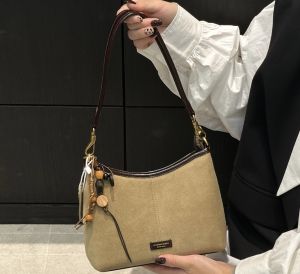 Retro Matte Suede Shoulder Crossbody Bag Womens Versatile Tote Bag Bucket Shape Zipper Closure Daily Use Pure Color