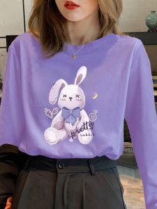 Loose Long Sleeve Purple T-Shirt Womens Spring Autumn Rabbit Year Print Top Korean Style Ins Base Shirt Commute Style round Neck