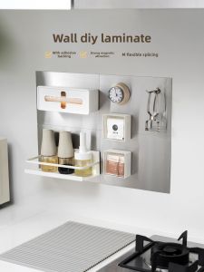 Modern Simplicity Kitchen Wall Mounted Storage Rack Enamel Board Magnetic Absorption Shelf Soft Cloth Hole Board Accessories