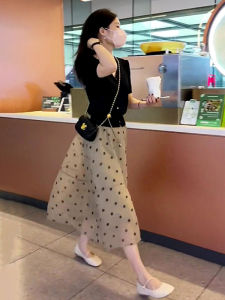 Nữ Chấm Bi Mùa Hè Váy Bộ Cao Vòng Eo Dáng Chữ A Dài Đầm Trang Phục Hai Mảnh Thanh Lịch Chất Lượng Dáng Người Nhỏ Nhắn Thời Trang Thân Thiện