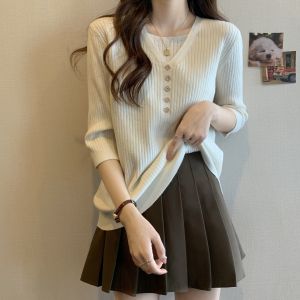 plus Size Summer V-Neck Ice Silk Loose Knitted Short Sleeve T-Shirt Korean Style for Plump Sister Belly Covering Slimming Top