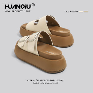 รองเท้าแตะส้นหนา HuanQiu สำหรับผู้หญิง ทรงลำลอง สวมใส่สบาย พื้นยาง รองเท้าแตะชายหาด ทรงบาง ทรงสีพื้น