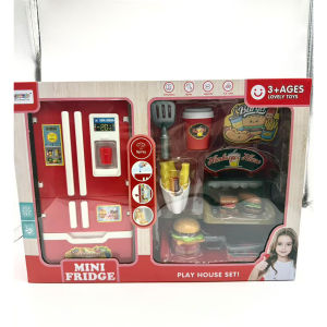 Play House Set Spray Water Vapor Mini Fridge Kitchen Fast Food Restaurant Burger Fries Dessert Set Educational Role Play Toys