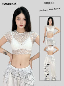 ROKBBK-K Street Style Hiphop Lace Sporty Short Sleeve T-Shirt Womens Dance Jazz Top Casual Fit Cotton Blend Autumn Wear