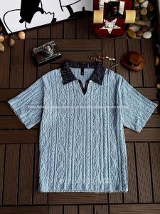NANSSE | Áo Thun Tay Ngắn cổ V Kiểu MESH Trang Trí Nút Stud Phong Cách Mỹ Cổ Điển