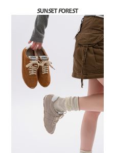 Spring 2025 Womens Casual Fashion Sneakers Leather Low Top All-Match Sport Shoes Korean Style Stitching Element Flat Bottom