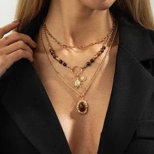 3Pcs/Set Vintage Sunflower Stone Pendant Choker Necklace for Women Goth Adjustable Sweater Chain New Year Party Jewelry