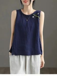 Embroidered Cotton Linen Sleeveless Vest Loose Fit Womens Top Summer New Style Large Size Versatile Casual Wear T-Shirt