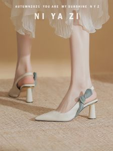 รองเท้าแตะส้นสูงหัวแหลมแบบสวมหัวสำหรับผู้หญิง ฤดูใบไม้ผลิและฤดูร้อน 2023 รองเท้าแตะส้นสูงแบบหัวแหลมสไตล์ฝรั่งเศส รองเท้าแตะส้นหนาแบบหัวแหลม