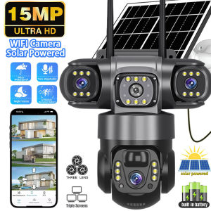 15MP Solar Camera Three Lens Audio Outdoor IP66 Waterproof Built-in Battery Security CCTV HD 4G SIM Card Network Camera V380 Pro