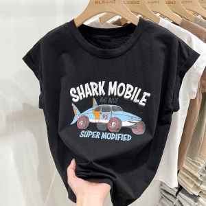 American Retro Shoulder Length Sleeveless T-Shirt Womens Short Sleeve Summer Design Sense Niche Loose Top Summer Cotton Polyester Blend round Neck Print Commute Style