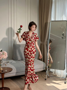 ชุดเดรสยาวคอวีแขนสั้นผ้าซาตินอะซิเตท XULU Original ฤดูร้อน ชุดเดรสกระโปรงเข้ารูปหรูหรา สัมผัสระดับไฮเอนด์ ชุดเดรสผู้หญิง