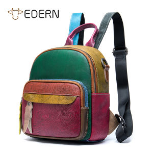 EDERN Balo da thật Retro dành cho nữ Balo nhỏ thời trang chắp vá Túi đeo vai bằng da bò Balo đi học cho nữ Balo du lịch