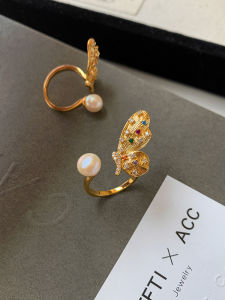 CAFFTI | Freshwater Pearl Rainbow Diamond Drawn Butterfly Open Ring Female Luxury Niche Design