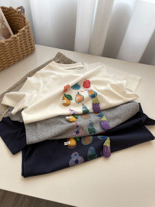 Lightweight Summer Short Sleeve T-Shirt Womens Korean Style Fruit Print round Neck Loose Casual Top Snowflake Cotton