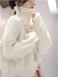 Stylish Ripped Tassel Turtleneck Pullover Fall and Winter Outer Wear Soft Glutinous All-Matching Short Thickened Knitting Tops Tide