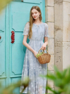 XIANGYING | Blue Embroidered Ruffle Hemmed Dress Bubble Sleeves Cinched Waist Tassel Vacation Style