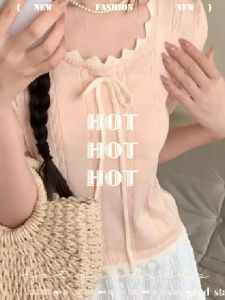 ⚡Port⚡ blouses women new style 2025 Bow Lace-up Knitwear Wave Edge Contrasting Color Top Slim Fitting Short Sleeved Knitwear Women