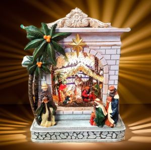 VINTAGE WELL-DETAILED EMBOSSED NATIVITY SCENE SNOW LANTERN CHRISTMAS DISPLAY