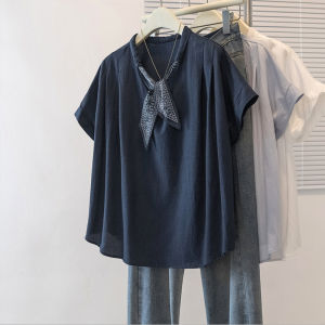 AIYITI | New Best-Selling Korean Style Scarf Neck Plus Size Hides Fat Blue Summer Shirt