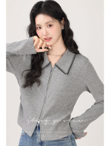 Gray Knitted Open Cardigan Womens Long Sleeve Short Style Shirt Collar Fashionable Autumn New Arrival by Zhang Soda