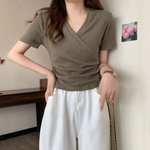 New Summer Women Cross V-Neck Short Sleeve T-Shirt Ladies Slim-Fit Short Top Girl Basic Shirt Woman Casual Breathable T-Shirt