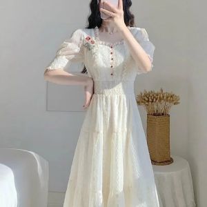 ELF TRIBE New Lace Embroidered French Vintage Fairy A-Line Midi Dress for Women