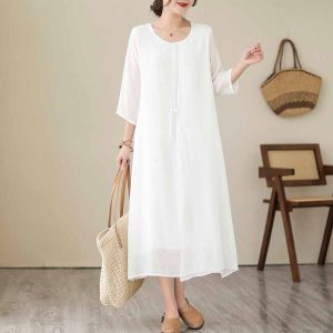 Linen Cotton Maxi Dress Womens Summer Travel Loose Fitting Korean Style round Neck A-Line Dress with Pockets Pure Color