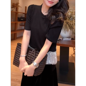 QINGNAER | Áo Thun có Dây Tassels Lấp Lánh bằng Organza Elegance