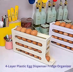 Rak Penyimpanan Telur 4 Tingkat Bergulir Otomatis Rak Telur Organizer Praktis