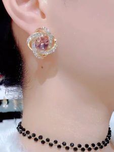 Thanh Lịch Tím / Tím Violet / Tím Hoa Cà Bông Tai Pha Lê Thạch Anh Bọc Đầy Kim Cương S925 Kim Bạc Nguyên Chất Không Gây Dị Ứng Trang Sức Thời Trang