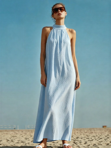 AMII | New Summer Collared Back Opening Lyocell Sleeveless Loose Long Dress