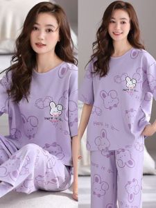 Mùa Hè Cotton Vải Bông Đồ Ngủ Nữ Capri Mỏng Tay Ngắn Quần Bộ Quần Áo Gia Đình Kích Thước Lớn Dễ Thương Hoạt Hình Bộ Đồ Hai Mảnh In Hình