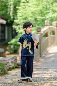 KL Stok Sedia 🇲🇾 Tang Suit Lelaki Naga Bersulam Satin Merah Gaya Cina Suit Lengan Panjang ⭐ Chinese Style Red Satin Embroidered Dragon Boys Tang Suit Short Sleeve Long Sleeve Suit 中国风大红绸缎绣大龙男童唐装短袖长袖套装