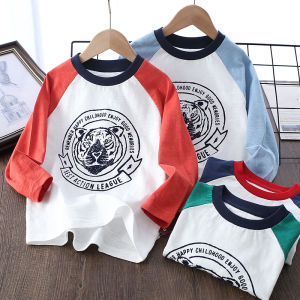 Boys Long Sleeve Cotton T-Shirt Pure Cotton Printed Shoulder Insert Casual Base Layer Top Trendy Childrens Wear Spring Autumn