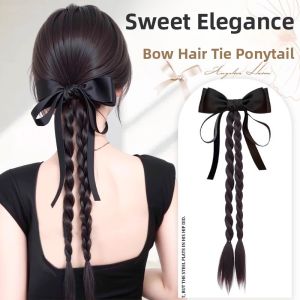 MONLEYTA | Womens Long Braided Wig With Butterfly Knot Silk Ribbon Double Twist High Ponytail Fake Hair Summer Refreshing Hair Clip