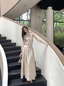 Elegant French Style Solid Color High Waist Satin Texture Long Skirt Womens Summer New Arrival A-Line Midi Skirt