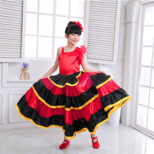 Kids Girls Spanish Flamenco Dress Gypsy Belly Dancer United Nations Day School Pageant Performance Costume Set With Headpiece 3-12 Years