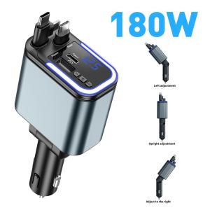 5 In 1 Retractable USB C Car Charger 180W Car Fast Charging Adapter With Atmosphere Lights For IPhoneiPadAndroid