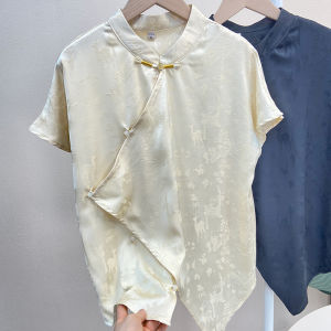 Fashionable Temperament Asymmetrical New Chinese Style Shirt Womens Clothing Young Summer Short Sleeve Pearl Satin Tang Suit Upper Clothes W2105