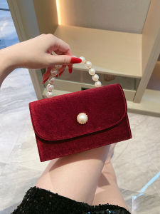 Retro Pearl Velvet Square Handbag Womens Evening Bag Single Shoulder Slant Cross Fashionable Womens Bag Luxury Clutch
