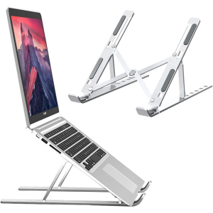 The plastic portable desktop stand is foldable and height-adjustable. It is ergonomic and suitable for books and laptops. It is