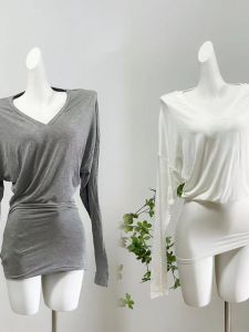 Niche Design V Neck Machete Stacked Cinched Slimming Pullover Gentle Elegant Loose and Lazy Style Bottoming Top