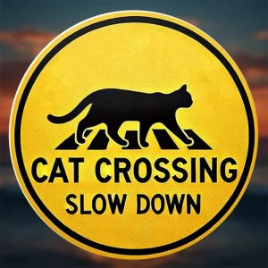 CIFbuy | "Cat Crossing Slow Down" Retro Metal Sign - 8" Round Yellow Iron Decor for Home Bar Cafe