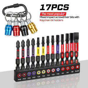 Geinxurn the Most Popular Mixed Impact Screwdriver Bits with Bit Holder & Keychain Bit Holder S2 Steel for Auto Repair and Home