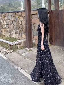 QINGMUZI | Vacation Style Black Floral Strap Dress